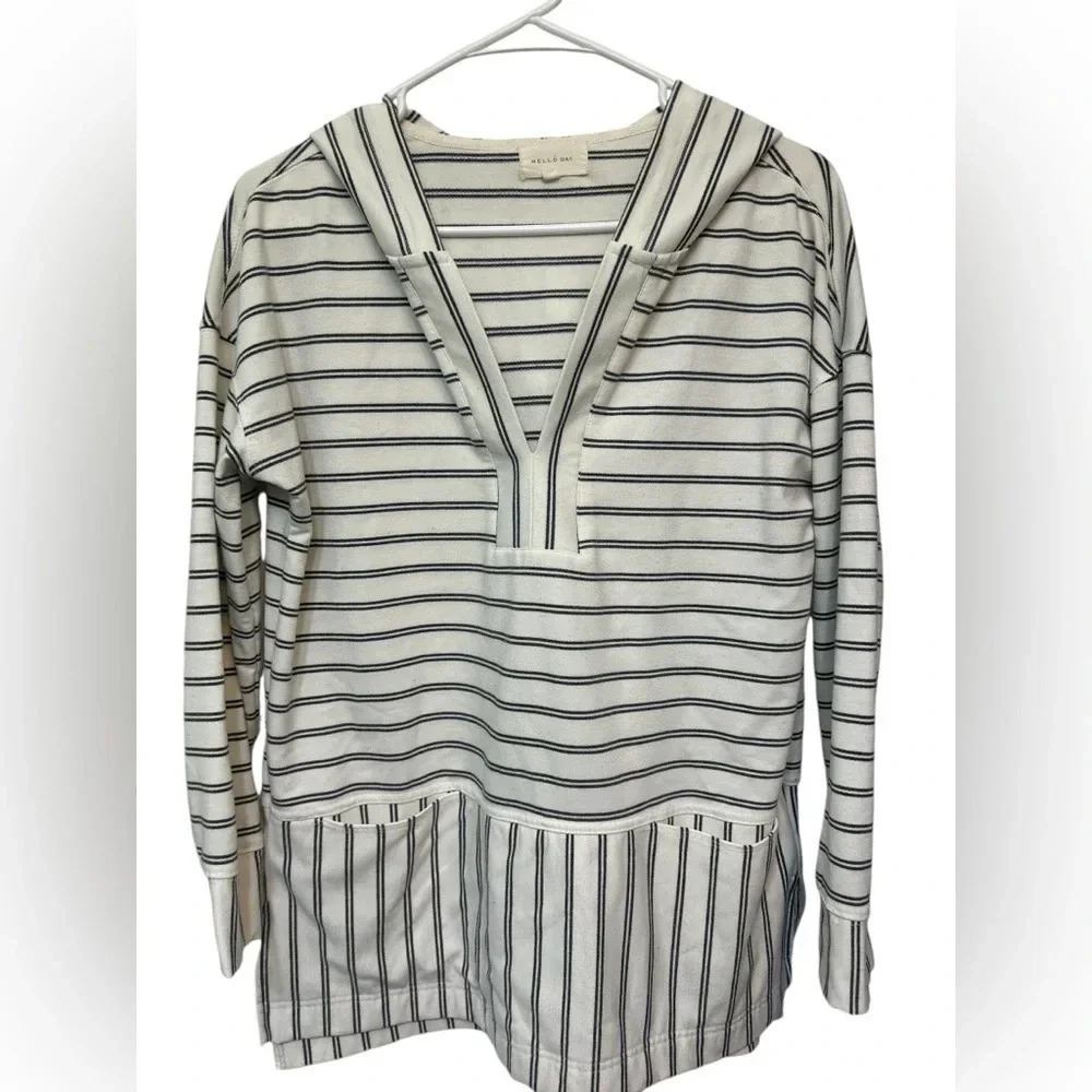 Women's Mello Day Hooded White w Black Striped Pullover Sweater